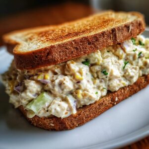 A close-up of a hearty chicken salad sandwich on toasted whole wheat bread, filled with creamy chicken salad and visible chunks of celery and red onion.