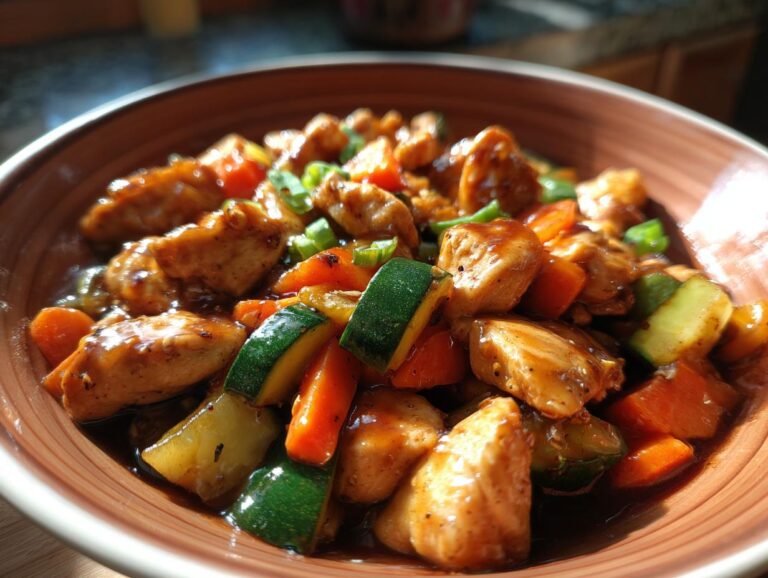 Close-up of a bowl filled with glistening chicken stir fry, featuring tender chicken pieces, zucchini, and carrots in a savory sauce.