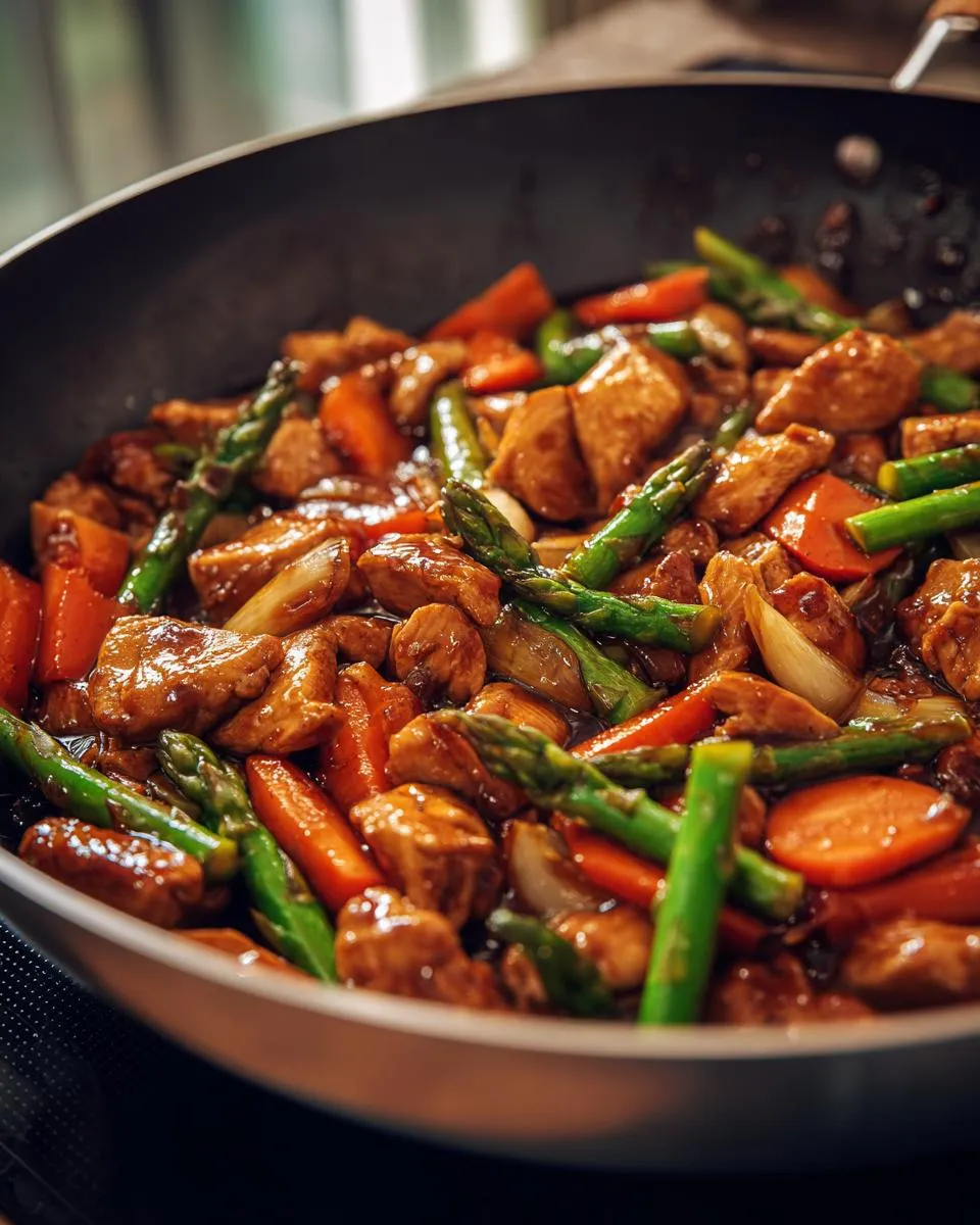 Close-up of a vibrant chicken stir fry with tender chicken pieces, crisp asparagus, and sliced carrots in a glossy sauce.