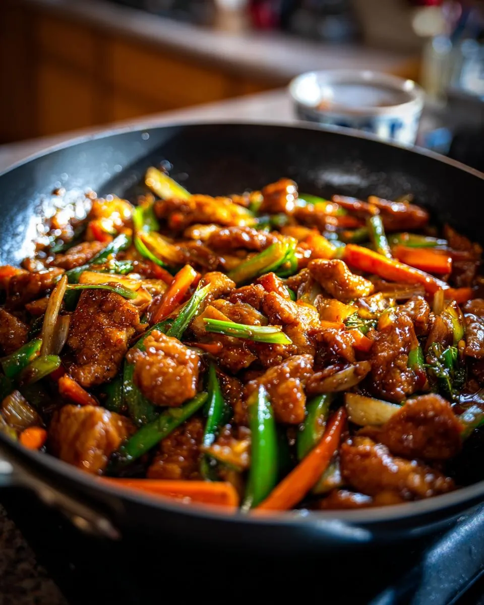 Close-up of a savory chicken stir fry with vibrant vegetables like carrots and snap peas in a wok.