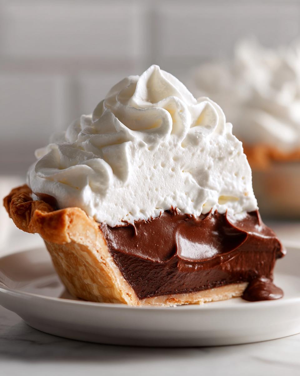 A generous slice of rich chocolate cream pie topped with fluffy whipped cream, served on a white plate.