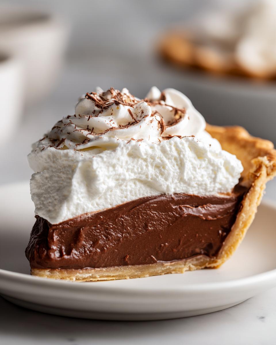 A perfect slice of chocolate cream pie topped with whipped cream and chocolate shavings.