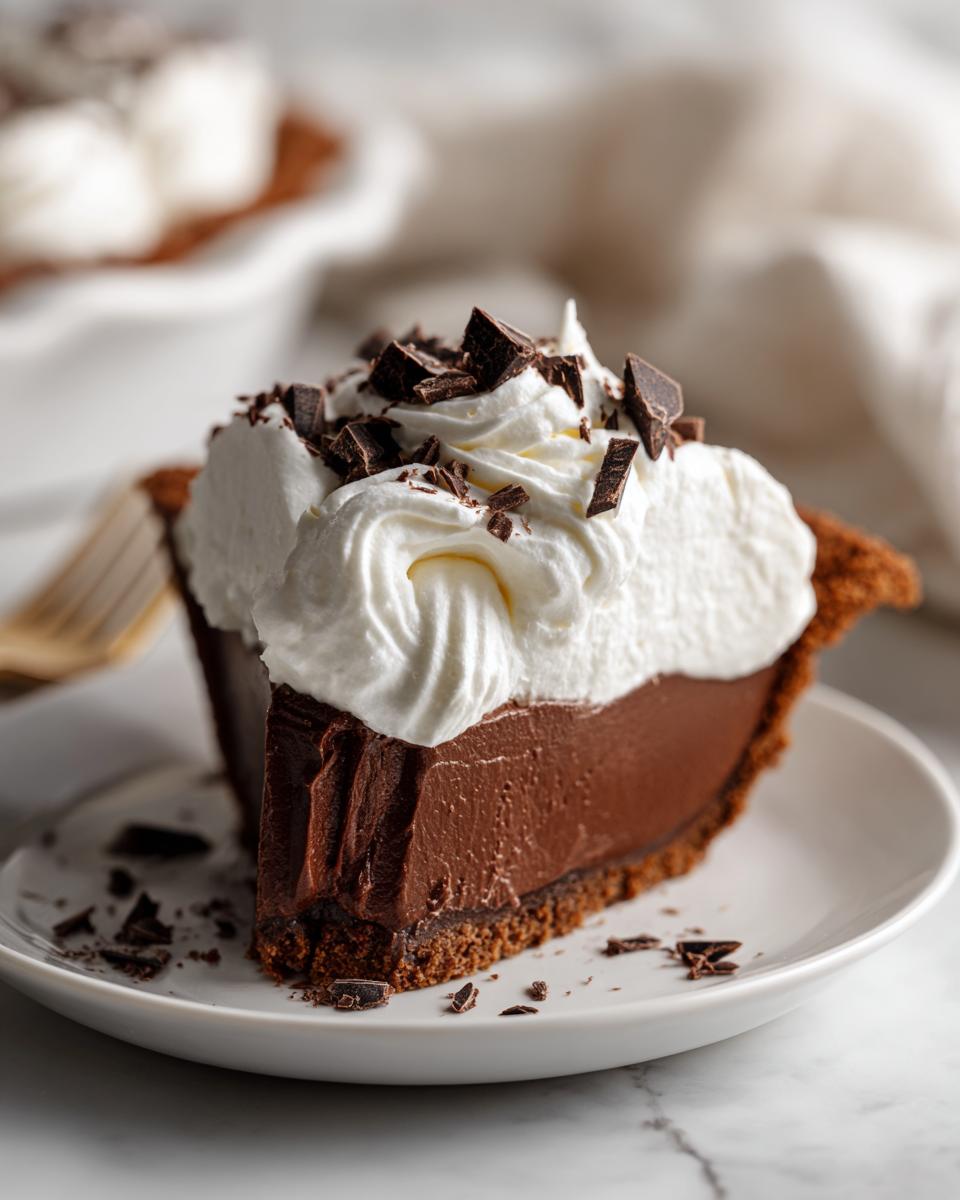 A decadent slice of chocolate cream pie topped with swirls of whipped cream and dark chocolate shavings.