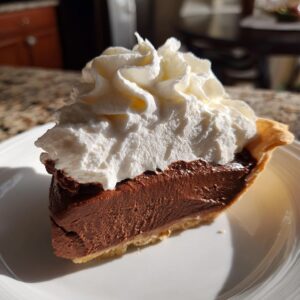 A delicious slice of chocolate cream pie topped with a generous swirl of whipped cream on a white plate.