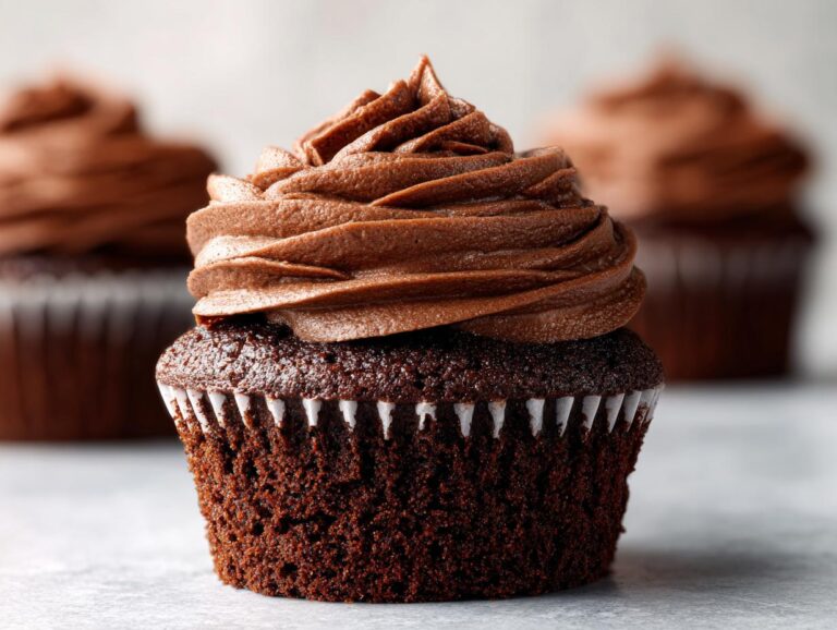 Close-up of a moist chocolate cupcake topped with generous swirls of rich chocolate frosting. Other chocolate cupcakes are blurred in the background.