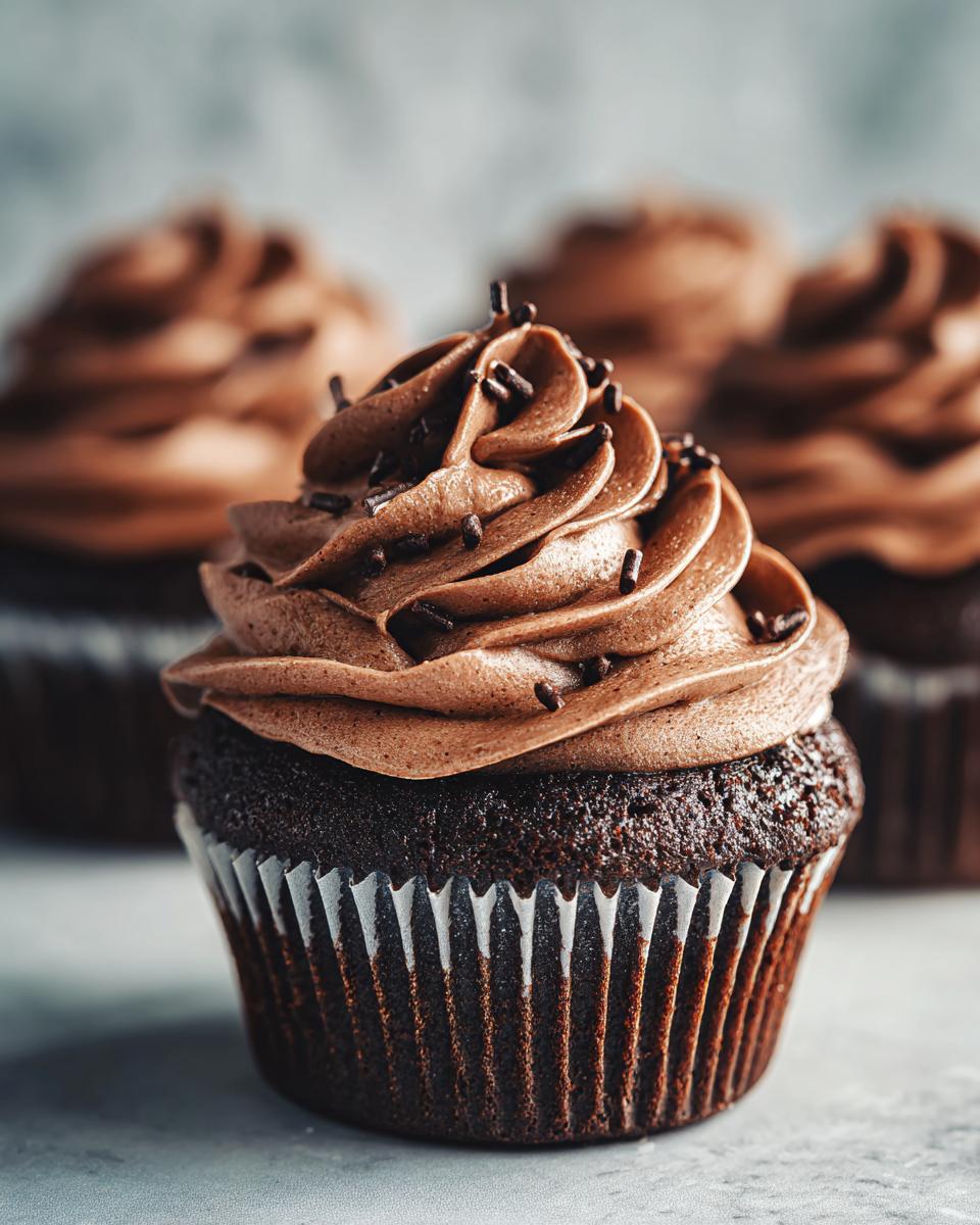 Close-up of a rich chocolate cupcake topped with creamy chocolate frosting and dark chocolate sprinkles.