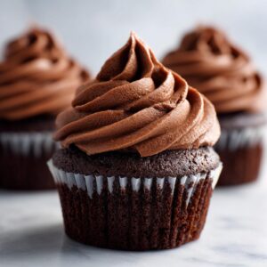 Close-up of a decadent chocolate cupcake with rich chocolate frosting, with two more chocolate cupcakes blurred in the background.