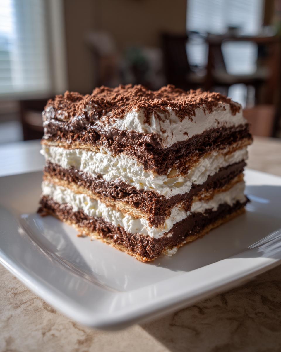 A decadent slice of chocolate icebox cake with layers of whipped cream and chocolate pudding, topped with chocolate shavings.