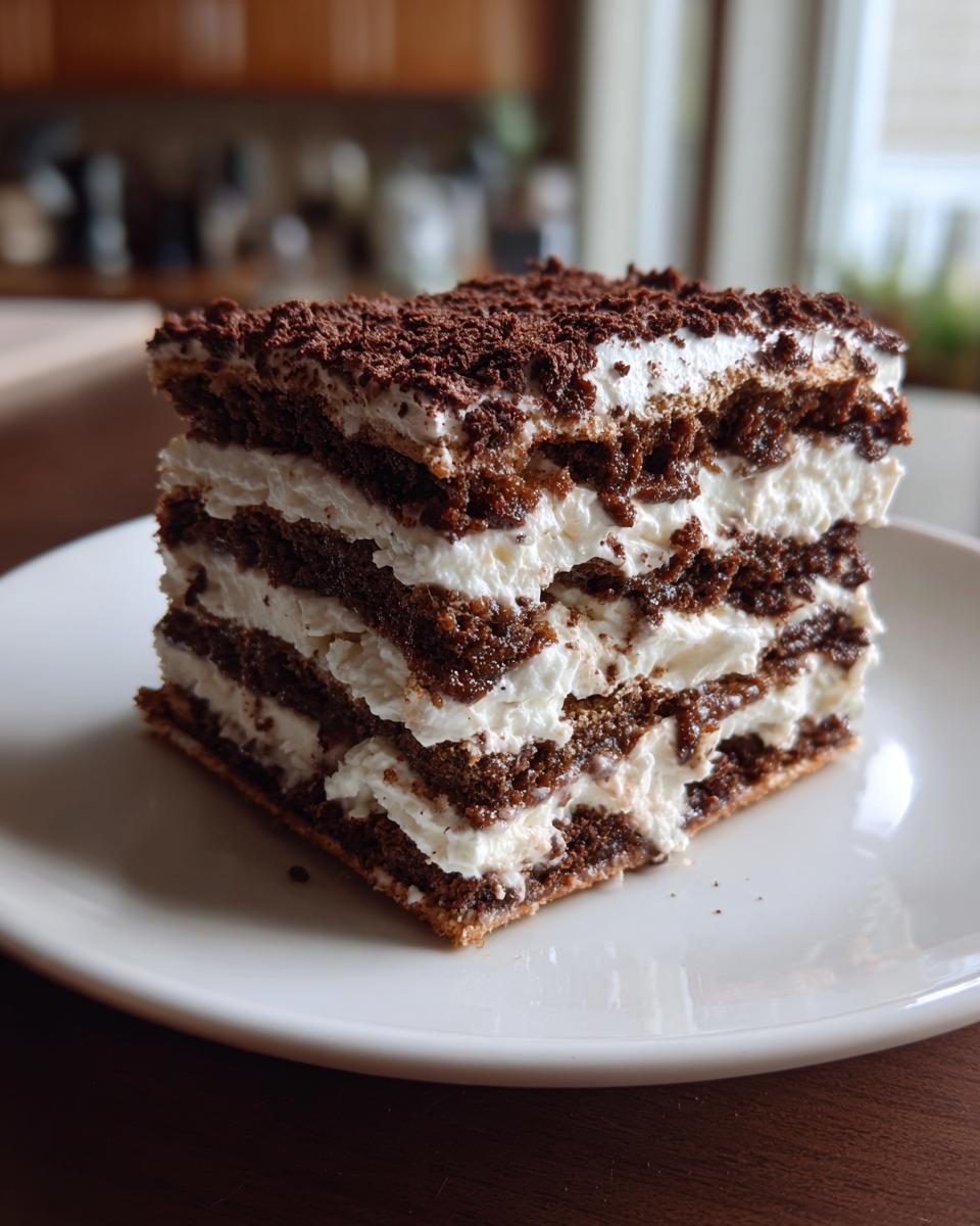 A rich slice of chocolate icebox cake with layers of chocolate cake and whipped cream, topped with chocolate crumbs.