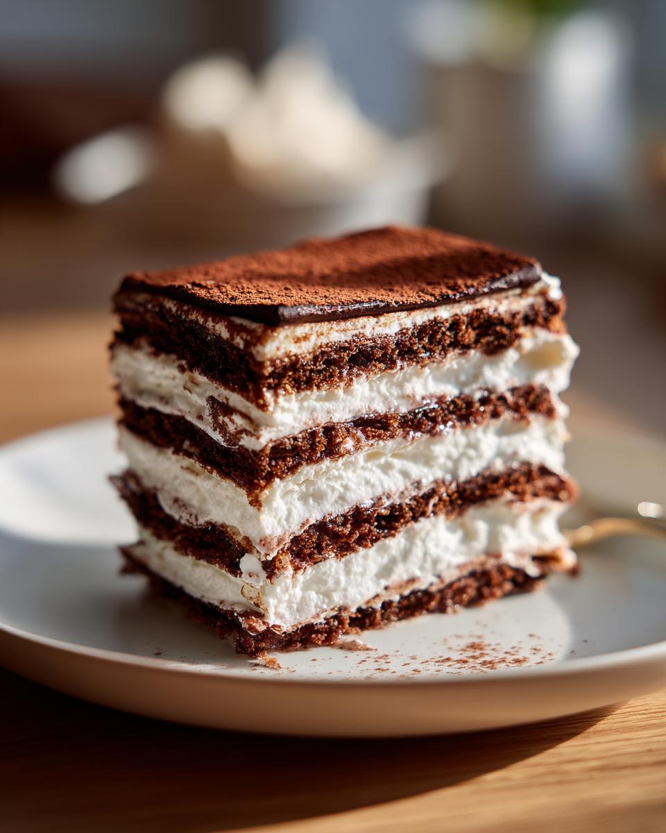 A decadent slice of chocolate icebox cake with layers of chocolate cake and whipped cream, dusted with cocoa powder.