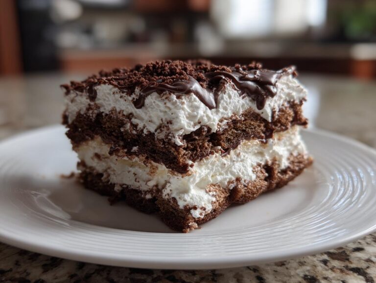 A rich slice of chocolate icebox cake with layers of whipped cream and chocolate frosting.