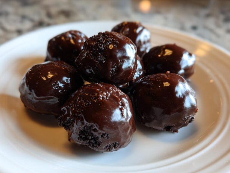 A pile of rich, dark chocolate-covered Oreo balls on a white plate.