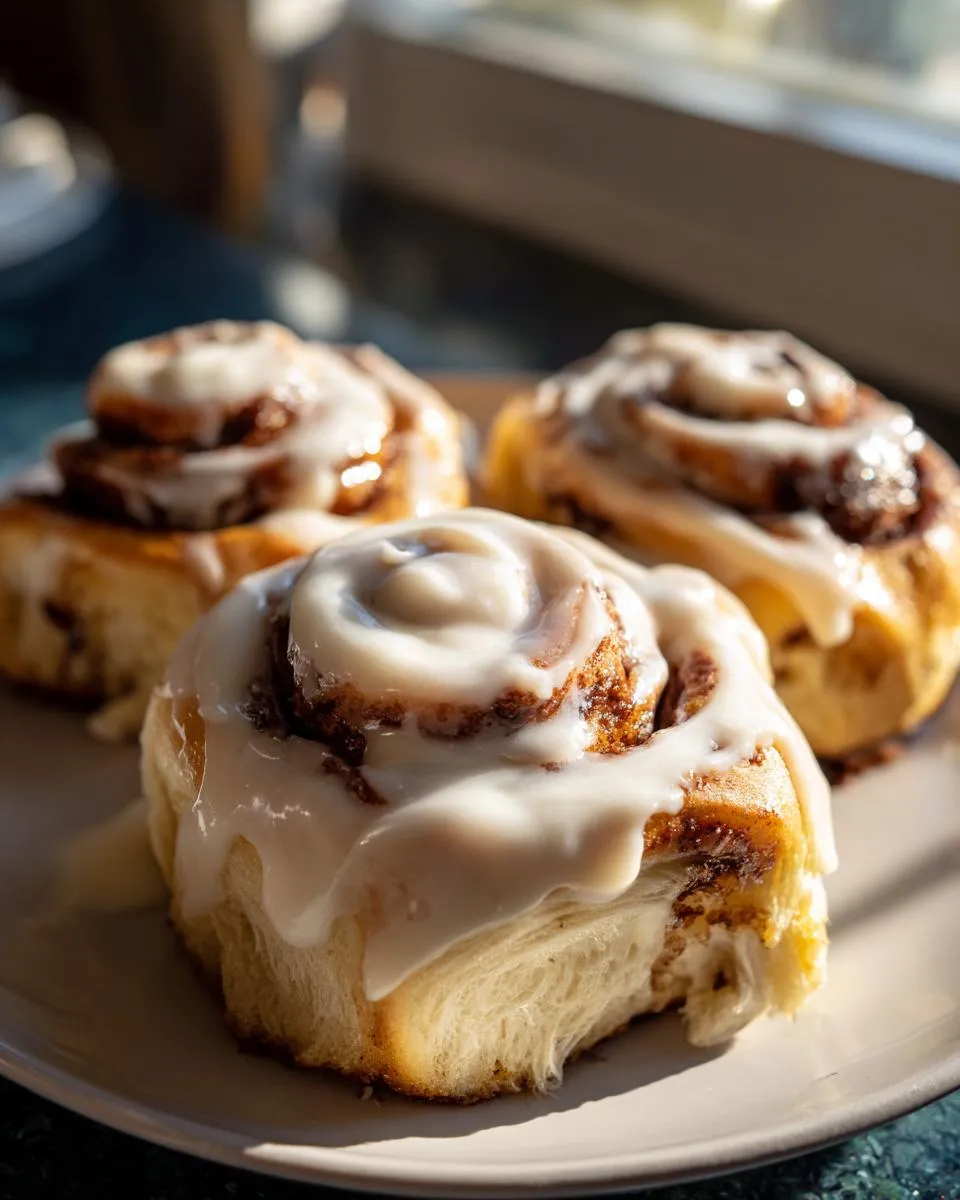 Close-up of three soft and gooey cinnamon rolls, generously topped with white icing.