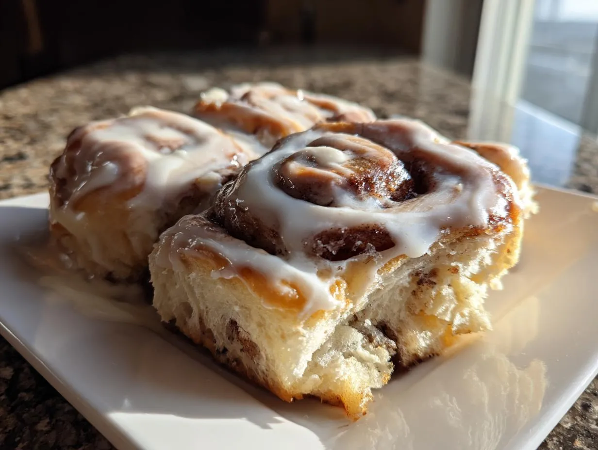 Close-up of three soft and gooey cinnamon rolls generously topped with white icing.