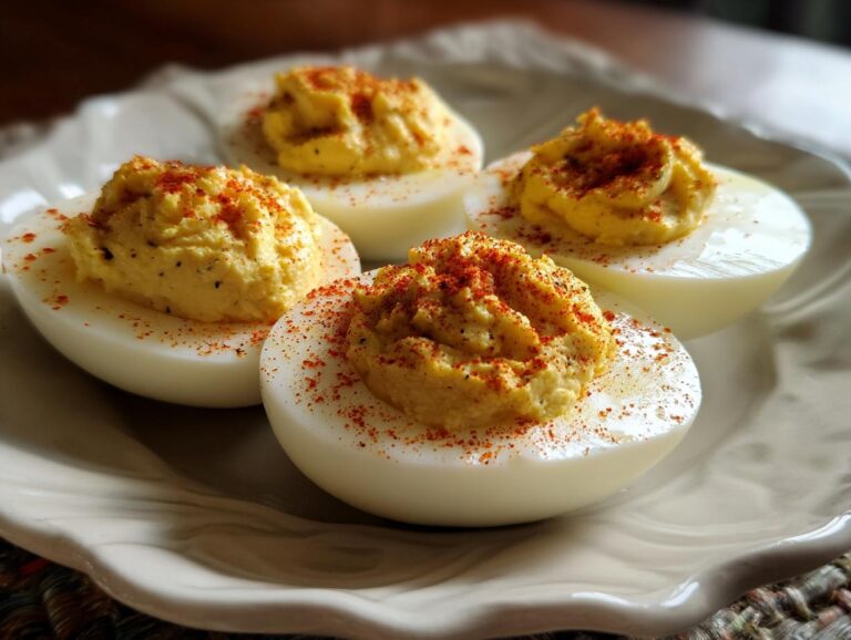 Four perfectly prepared deviled eggs, topped with creamy filling and a sprinkle of paprika.