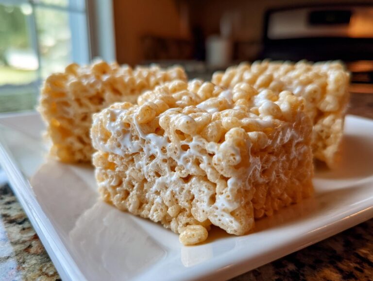 Three classic Rice Krispie treats stacked on a white plate, showcasing their gooey marshmallow texture.