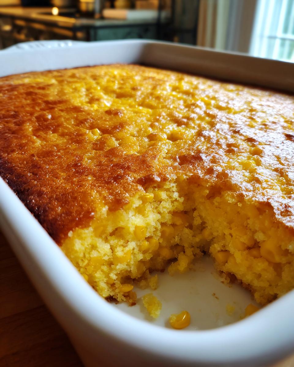A close-up of a golden-brown, freshly baked corn casserole in a white baking dish, with a piece removed.