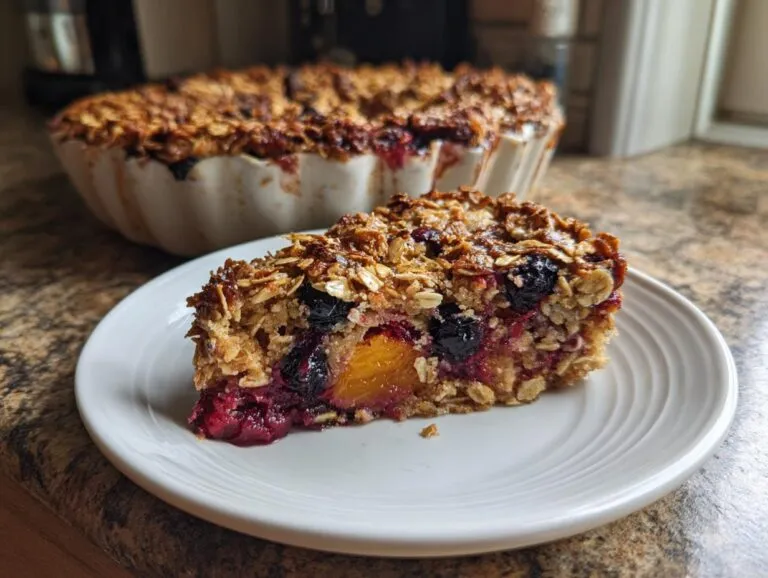 A slice of cozy baked oatmeal with blueberries, raspberries, and peaches on a white plate.