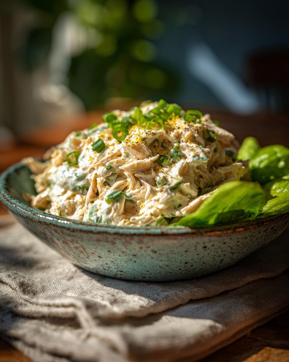 A bowl of creamy chicken salad topped with chopped green onions and lemon zest, served with lettuce leaves.