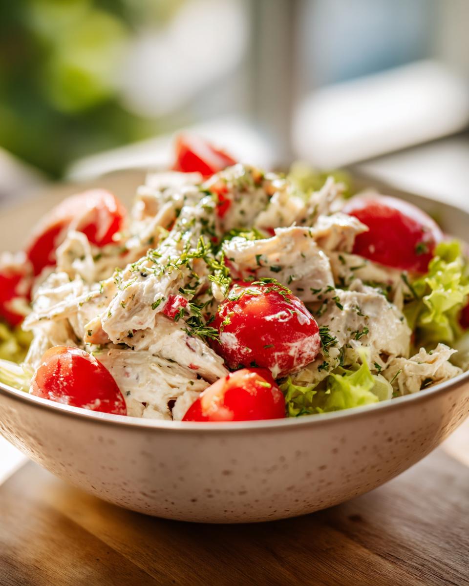 A bowl of creamy chicken salad mixed with cherry tomatoes and fresh herbs, served on lettuce.