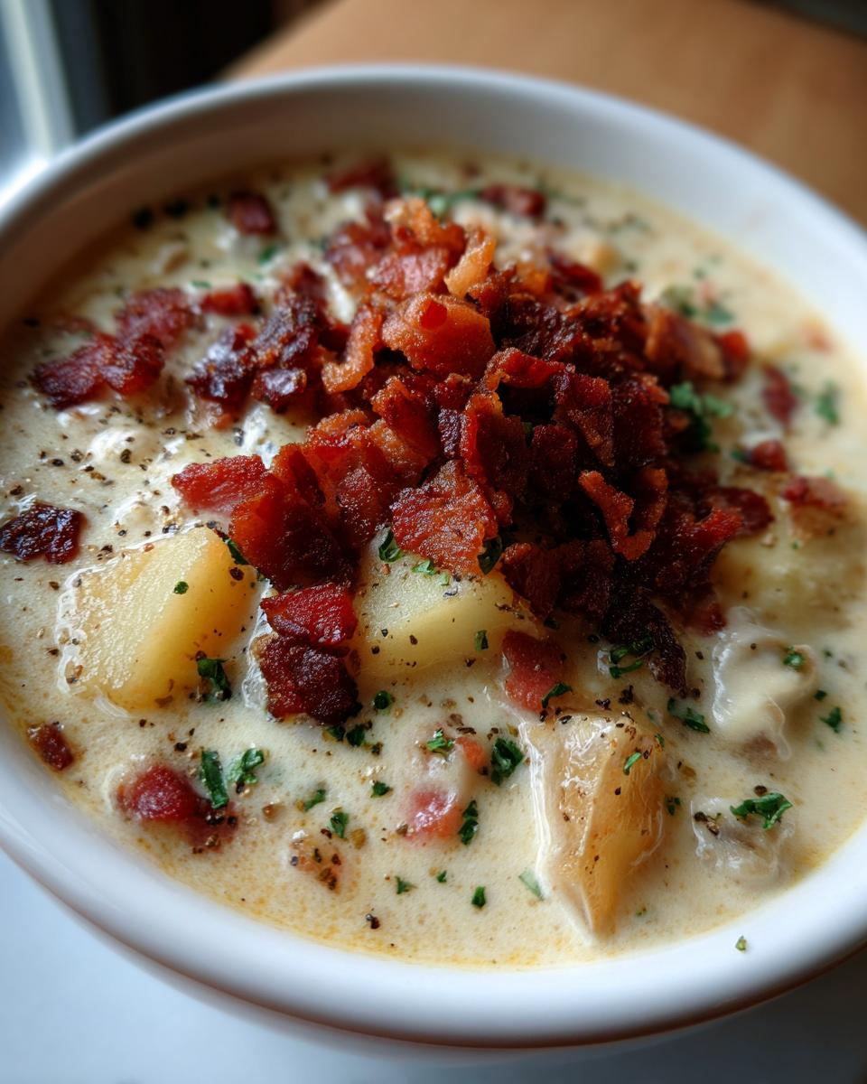 A close-up of a bowl of creamy clam chowder topped with crispy bacon bits and fresh parsley.