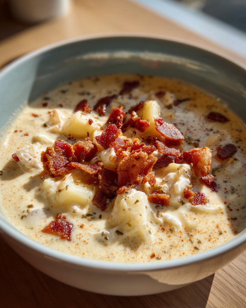 A close-up of a bowl of creamy clam chowder, topped with crispy bacon and potatoes.