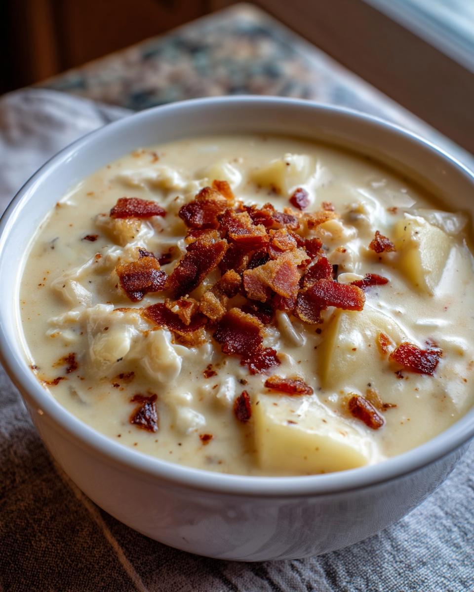 A close-up of a bowl of creamy clam chowder, topped with crispy bacon pieces and potatoes.