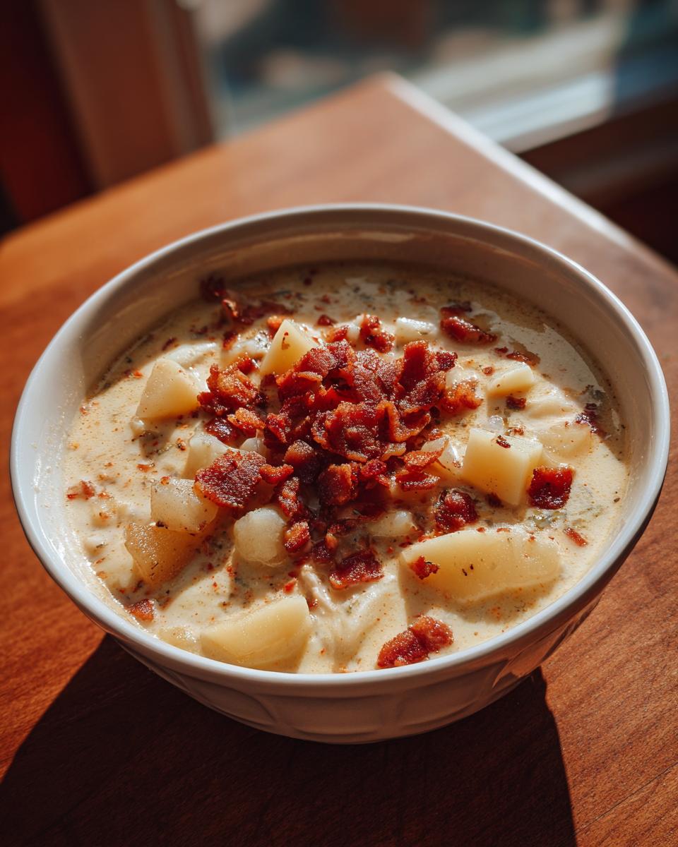 A close-up of a bowl of creamy clam chowder topped with crispy bacon bits and diced potatoes.