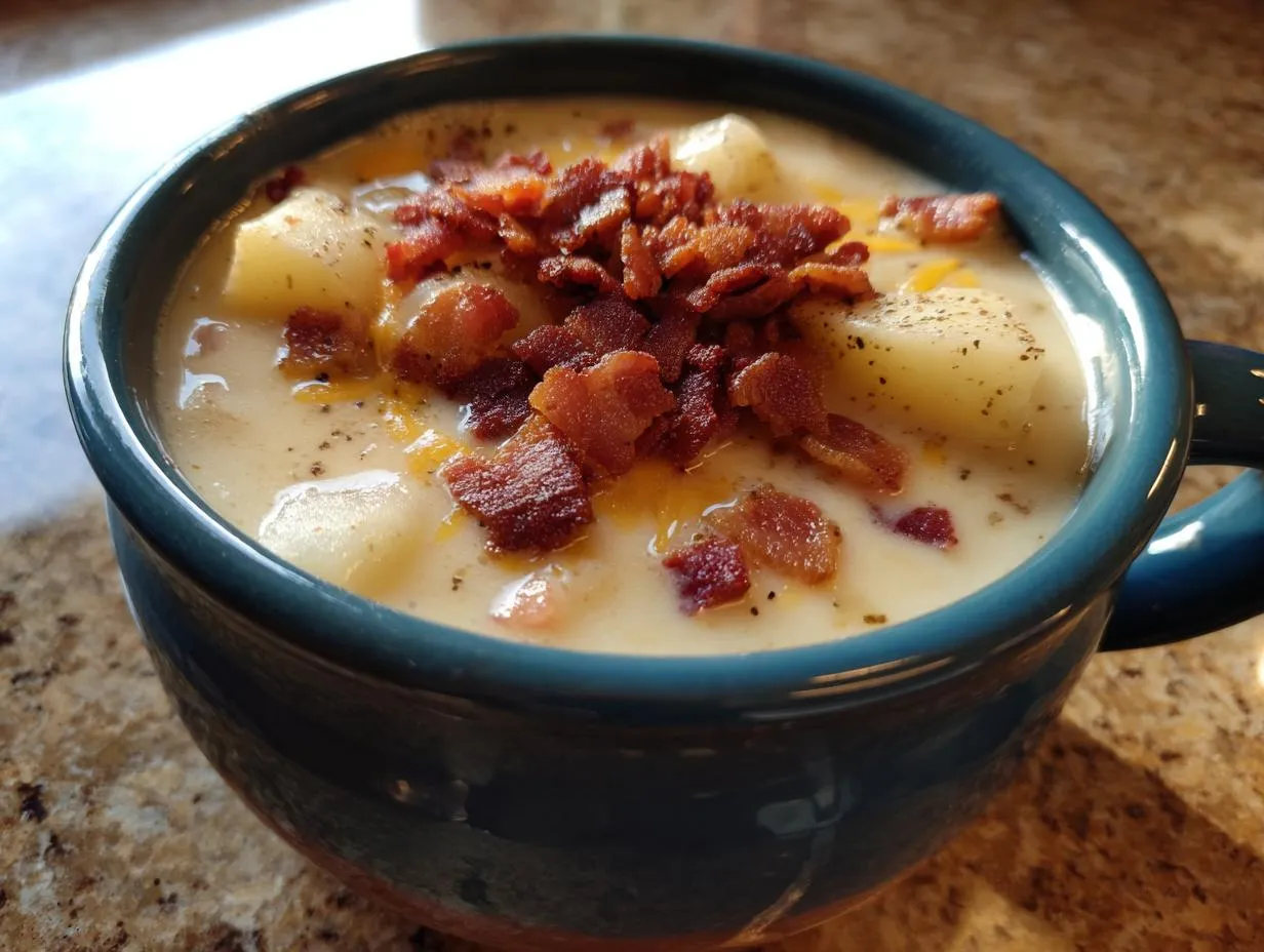 A close-up of a bowl of creamy clam chowder topped with crispy bacon and shredded cheese.