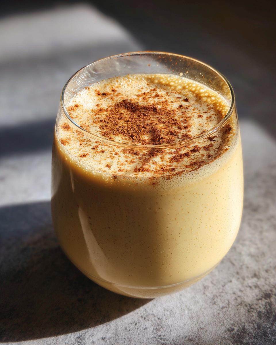 A festive glass of creamy eggnog, topped with a dusting of cinnamon.