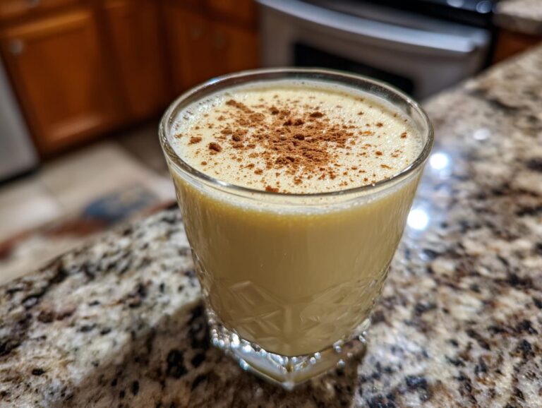A glass of creamy eggnog topped with a dusting of cinnamon, ready for holiday cheer.