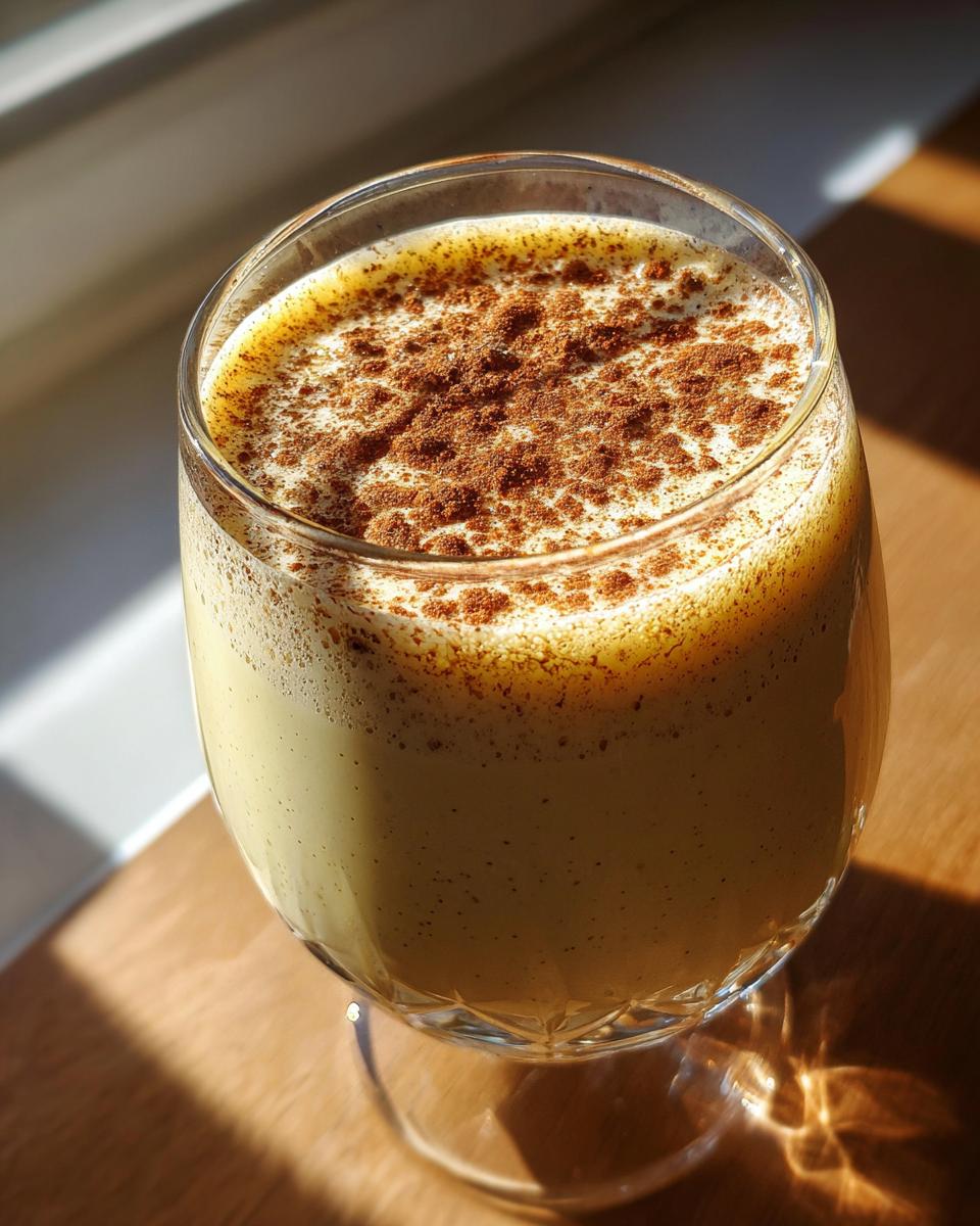 A close-up of a glass of creamy eggnog, dusted with cinnamon, catching the sunlight.