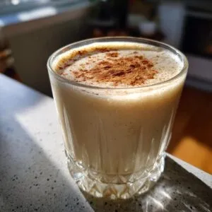 A close-up of a glass of creamy eggnog, dusted with cinnamon, ready for holiday enjoyment.