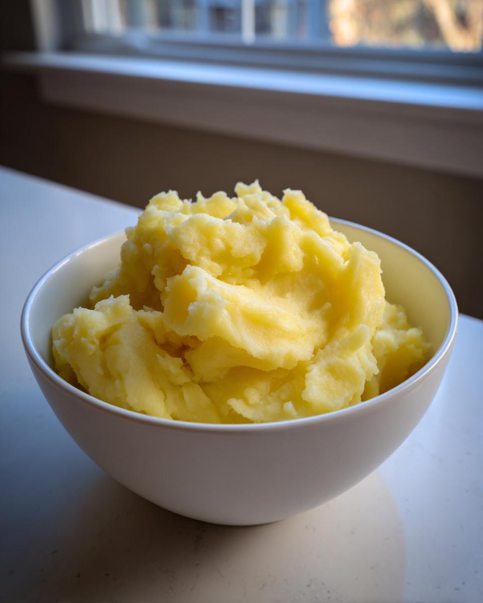 A close-up of a white bowl filled with fluffy, creamy mashed potatoes.
