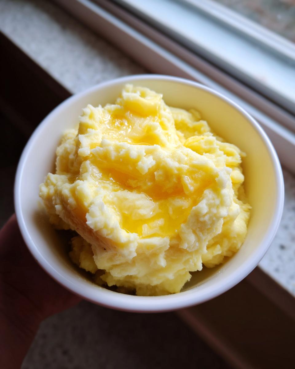 A close-up of a bowl of fluffy mashed potatoes topped with melted butter.