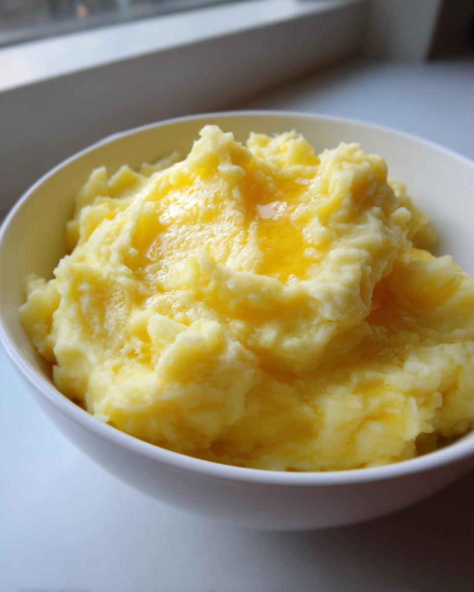 A close-up of a bowl of fluffy, creamy mashed potatoes topped with melted butter.