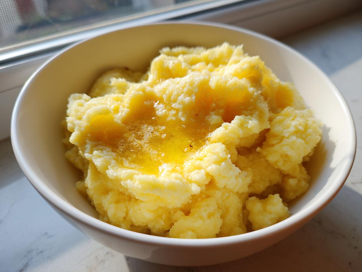 A close-up of a bowl of creamy mashed potatoes topped with melted butter.