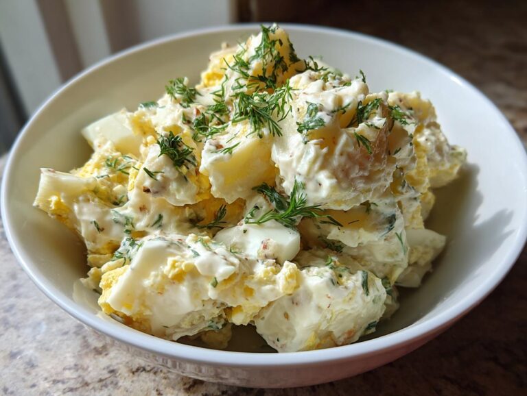 A bowl of creamy potato salad with chunks of potatoes, hard-boiled eggs, and fresh dill.