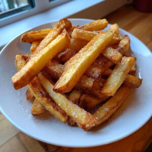 A close-up of a pile of golden-brown, crispy French fries sprinkled with coarse salt.