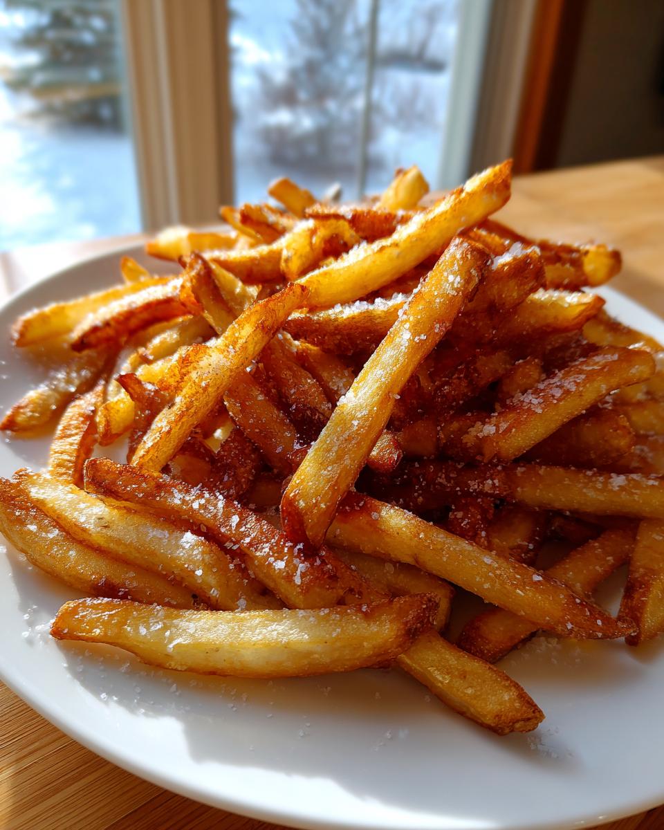 A close-up of a pile of golden, crispy french fries sprinkled with salt on a white plate.
