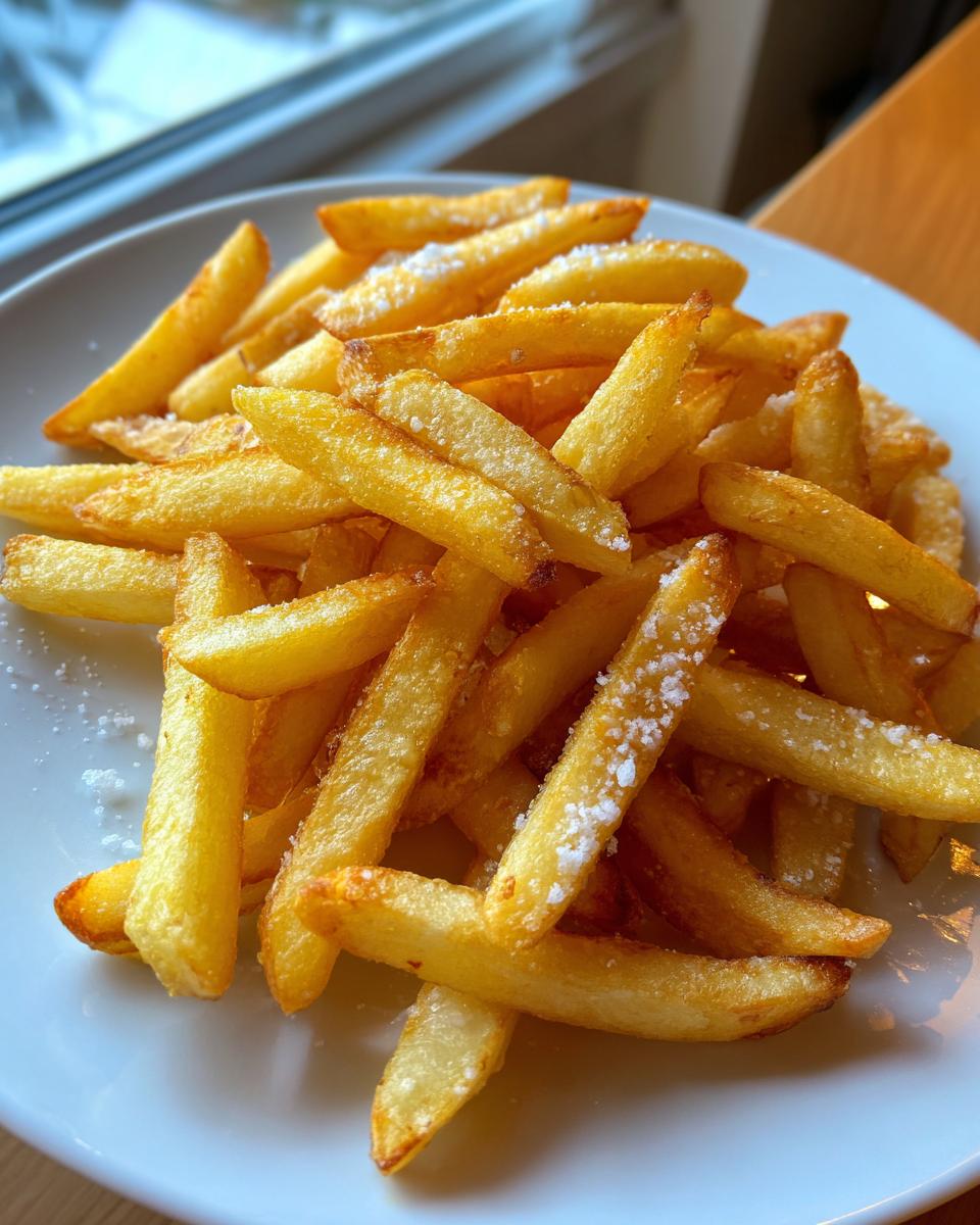 A close-up of a pile of golden, crispy French fries seasoned with salt on a white plate.