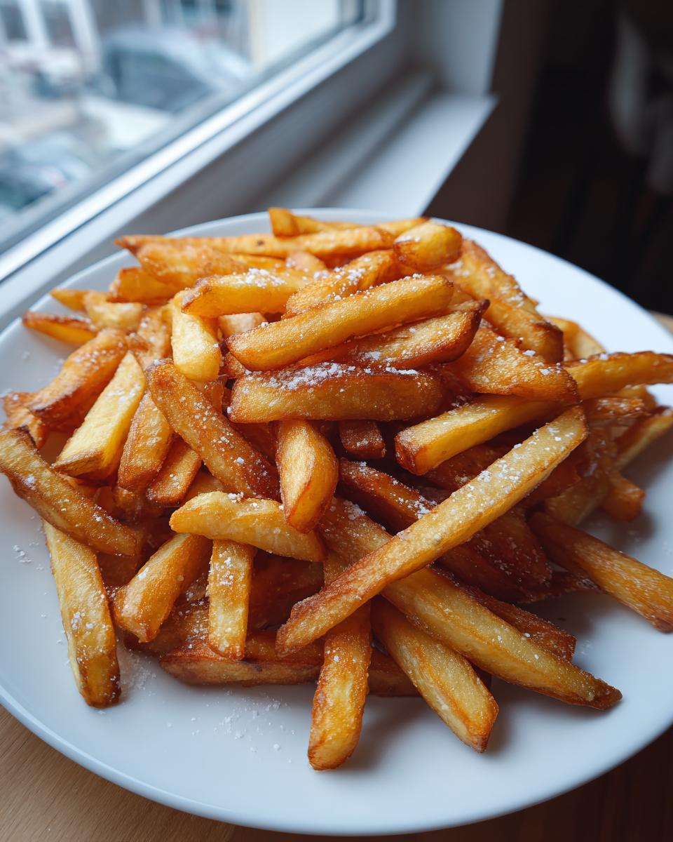 A close-up of a pile of golden, crispy French fries seasoned with salt, ready to be enjoyed.