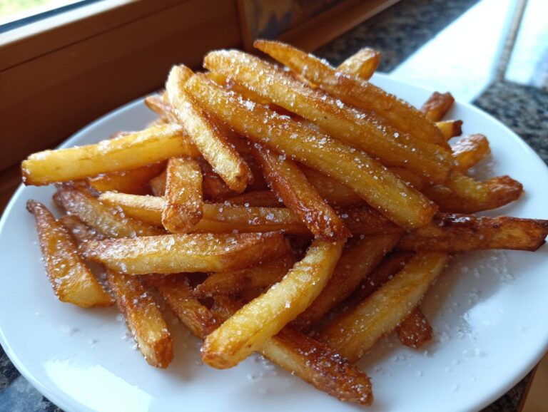 A pile of golden brown, crispy French fries sprinkled with coarse salt on a white plate.