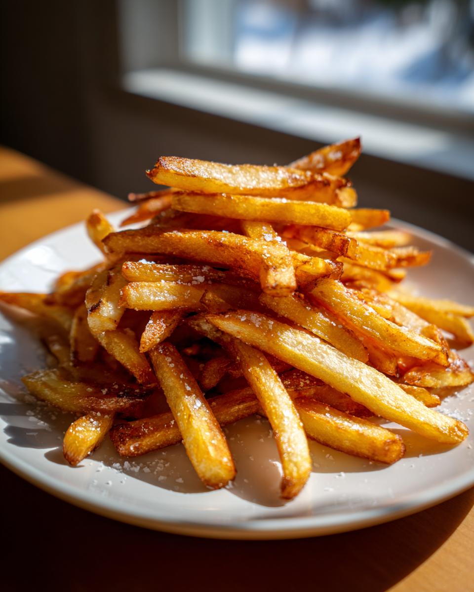 A close-up of a pile of perfectly crispy golden French fries, lightly seasoned with salt, on a white plate.