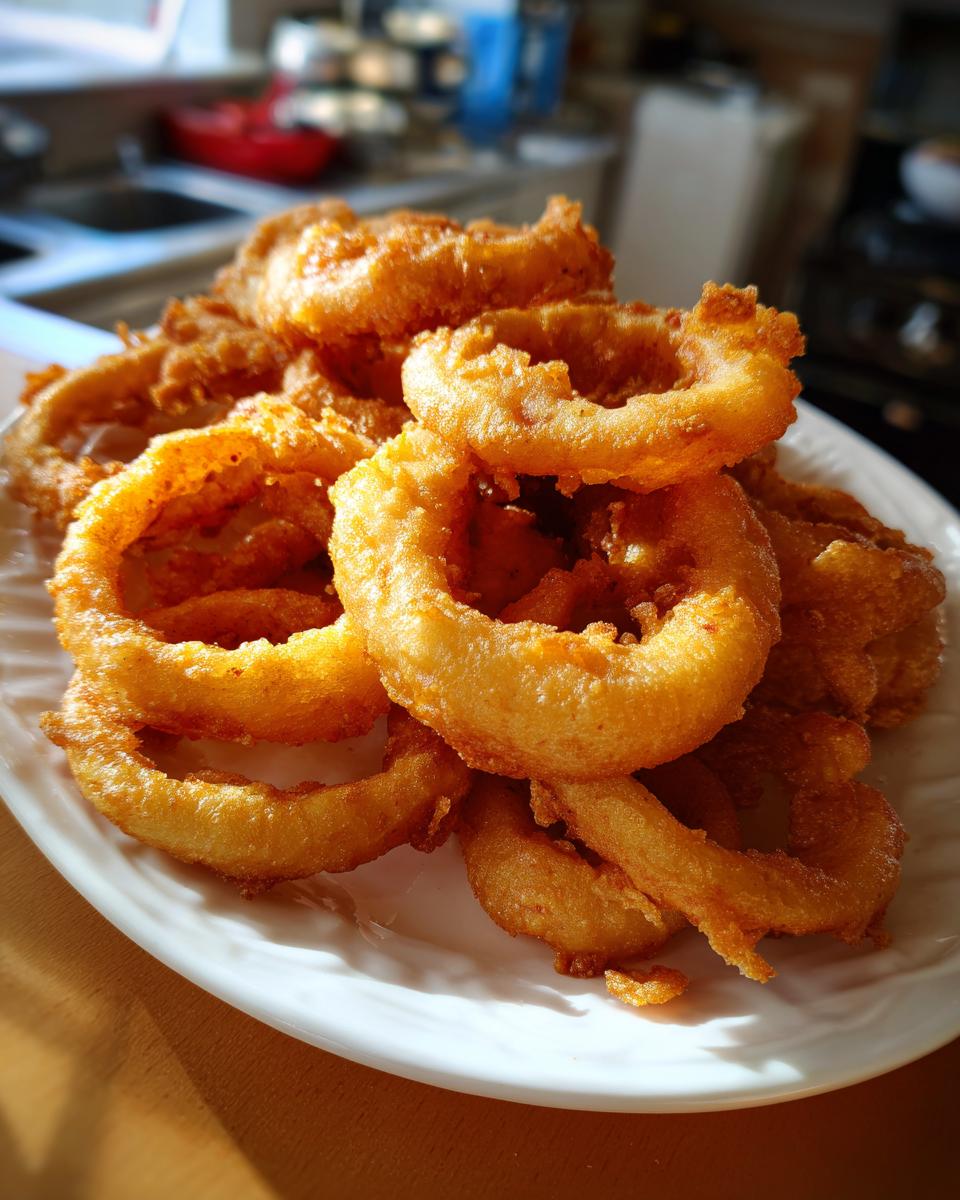 A pile of perfectly golden and crispy onion rings on a white plate, ready to be enjoyed.