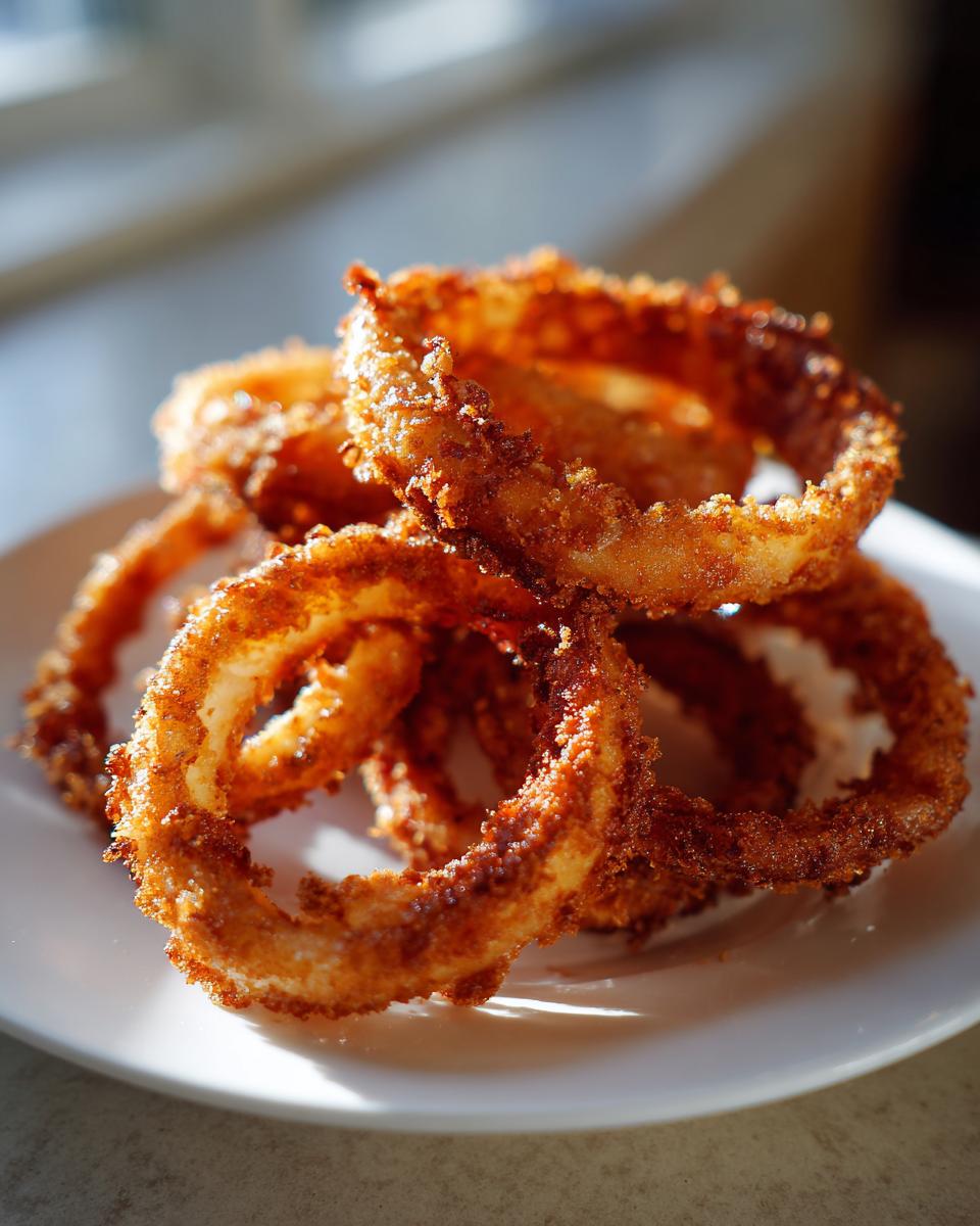 A close-up shot of a pile of perfectly golden and crispy onion rings on a white plate.