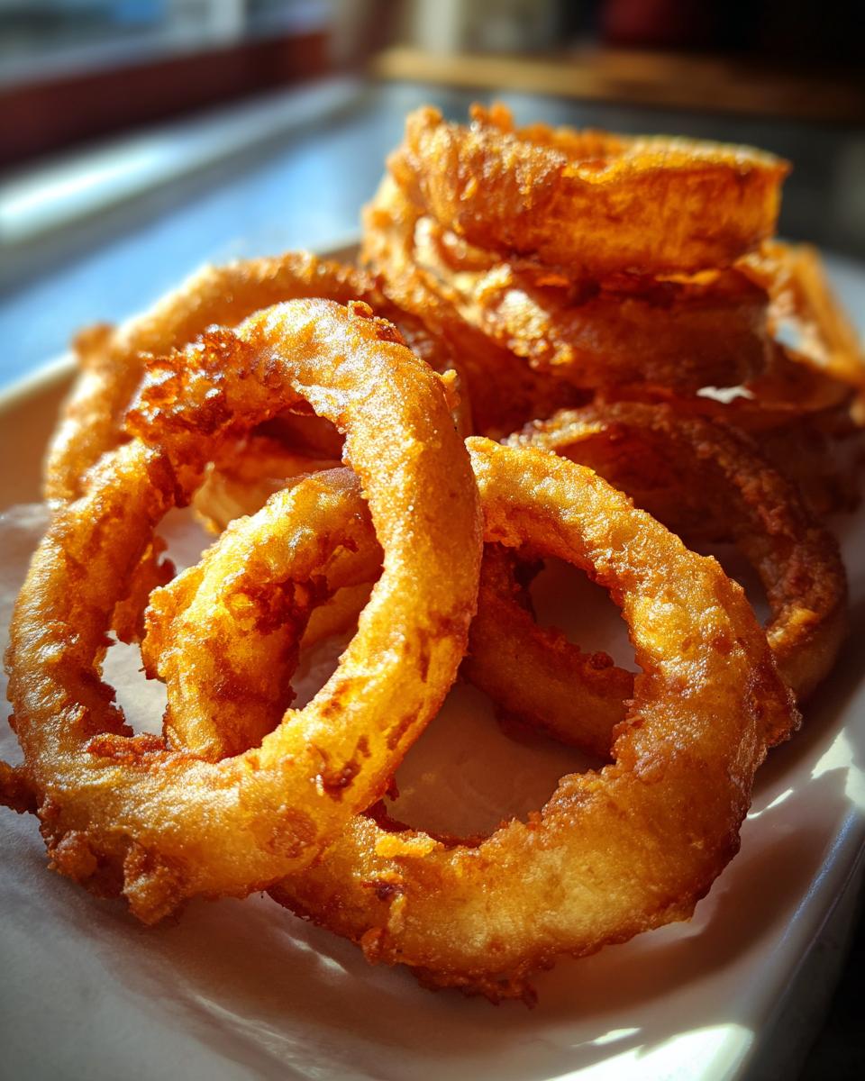 A close-up, mouth-watering shot of a pile of perfectly fried, golden-brown onion rings.
