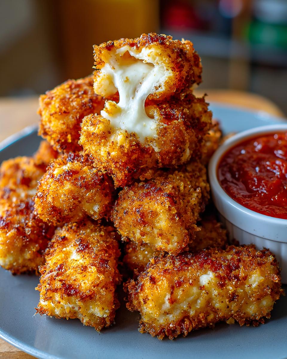 A stack of golden-brown, crispy mozzarella sticks with a gooey cheese pull from one stick, served with marinara sauce.