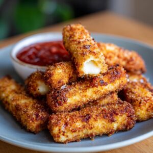 A pile of golden-brown, crispy mozzarella sticks served with a side of marinara sauce.