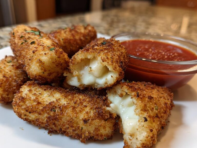 A close-up of golden-brown, crispy mozzarella sticks, one broken open to reveal melted cheese, served with marinara sauce.